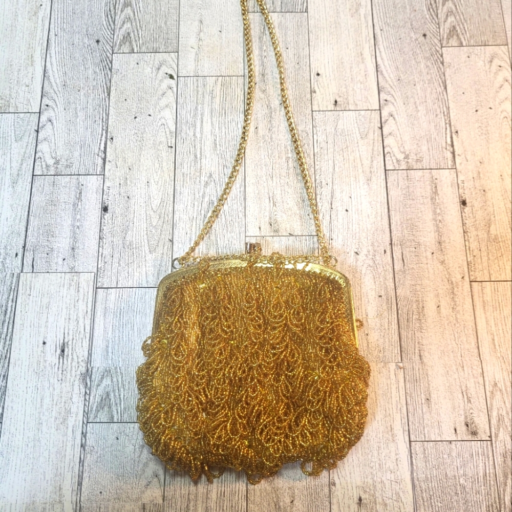 Vtg Walborg 1960s Gold  Bead Loop Evening Bag Purse Clutch Gold Tone Chain Japan